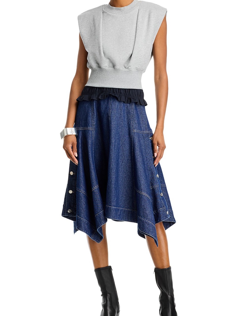 3.1 Phillip Lim Gray & Navy French Terry Denim Combo Top & Midi Dress Set